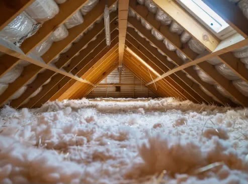Cinematic attic photo looking down a triangular attic with insulation and skylight in Wesley Chapel FL